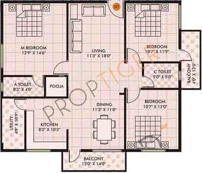 Pioneer Pioneer White Orchid (3BHK+2T (1,446 sq ft)   Pooja Room 1446 sq ft)
