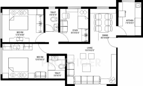 Lokhandwala Paradise (2BHK+2T (1,100 sq ft)   Study Room 1100 sq ft)