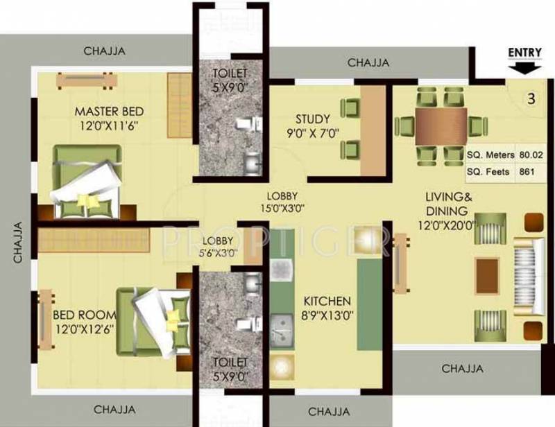 Mayfair Akshay (2BHK+2T (1,420 sq ft) + Study Room 1420 sq ft)