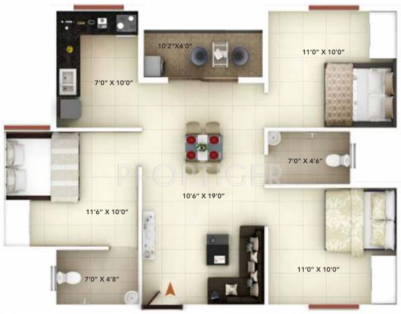  1000  sq  ft  3 BHK Floor  Plan  Image Icon Infra Shelters 