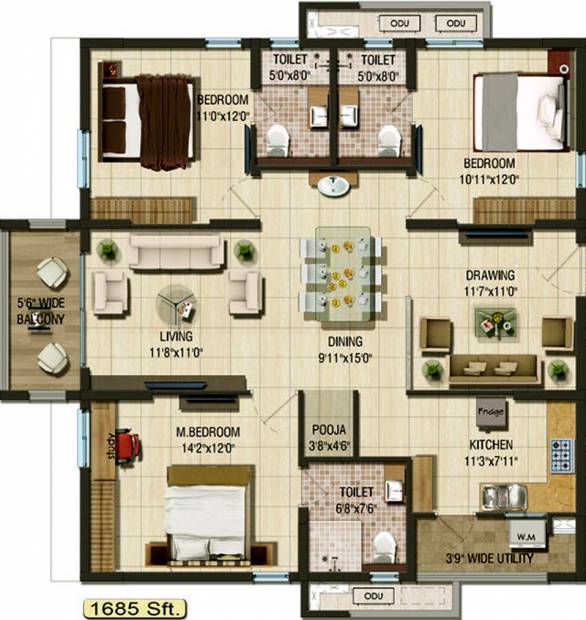 Aparna Cyber Life (3BHK+3T (1,685 sq ft)   Pooja Room 1685 sq ft)