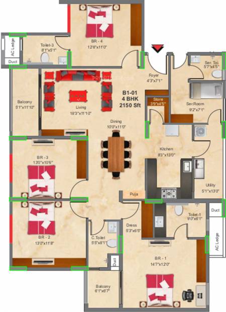 SNN Raj Greenbay (4BHK+4T (2,150 sq ft)   Servant Room 2150 sq ft)