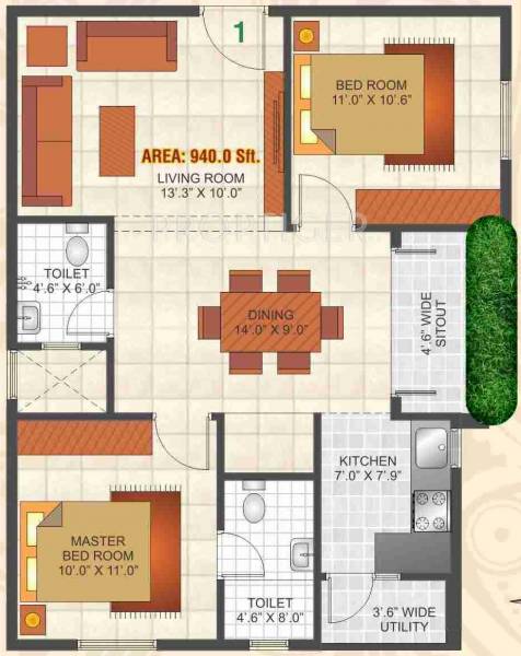 Malibu Palazzo (2BHK+2T (940 sq ft) 940 sq ft)