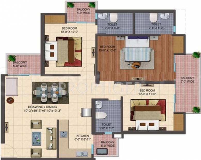 1500 sq ft 3 BHK Floor Plan Image - Cosmos Infraestate Shivalik Homes 2 ...