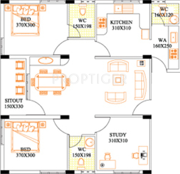 Pinaki Grace Floor Plan (2BHK+3T + Study Room)
