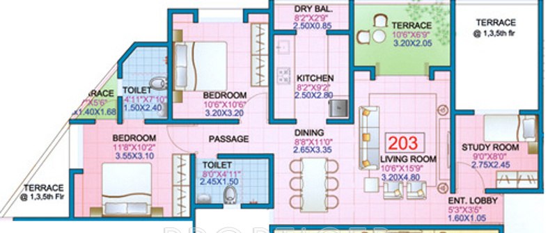 Ravetkar Tulips Floor Plan (2BHK+2T + Study Room)