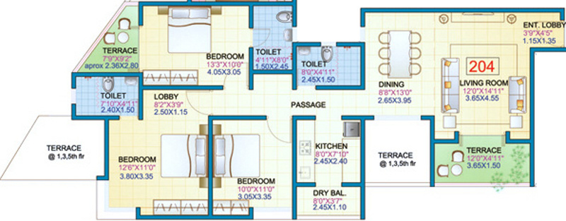 Ravetkar Tulips Floor Plan (3BHK+3T)