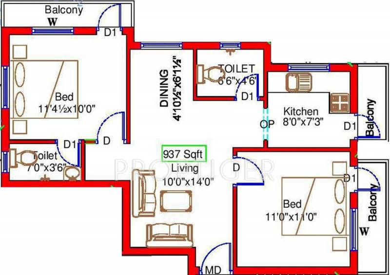 Sai Krishna (2BHK+2T (937 sq ft) 937 sq ft)