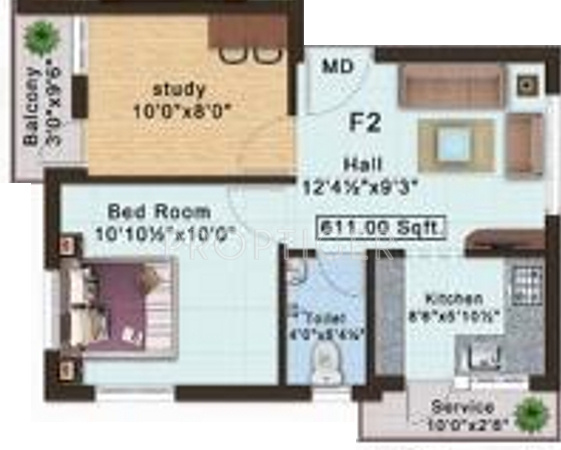 Blue Oak Elite (1BHK+1T (611 sq ft)   Study Room 611 sq ft)
