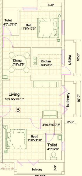 Floor Plan (2BHK+2T) India The Violane Vase Floor Plan (2BHK+2T)