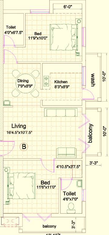 Floor Plan (2BHK+2T) India The Violane Vase Floor Plan (2BHK+2T)