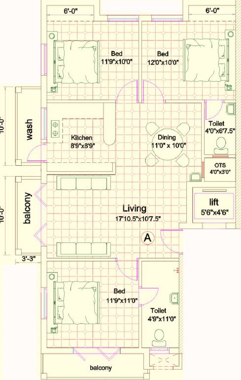 Floor Plan (3BHK+3T) India The Violane Vase Floor Plan (3BHK+3T)
