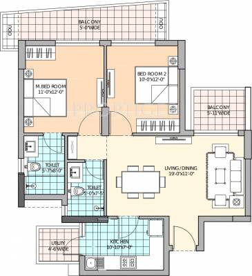 M3M Marina (2BHK+2T (1,260 sq ft) 1260 sq ft)