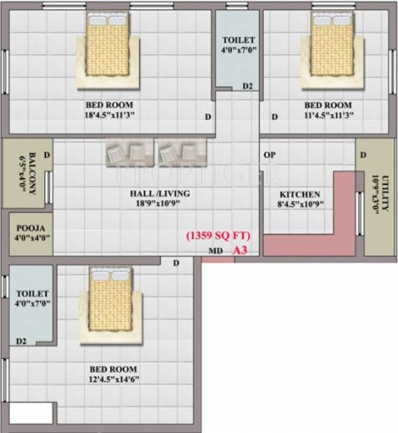Brownstone Adithi Ruby (3BHK+2T (1,359 sq ft)   Pooja Room 1359 sq ft)