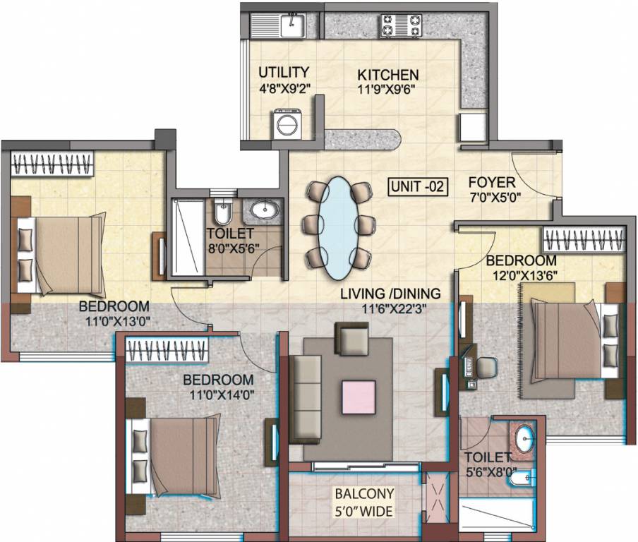 Salarpuria Sattva Cadenza (3BHK+2T (1,564 sq ft) 1564 sq ft)