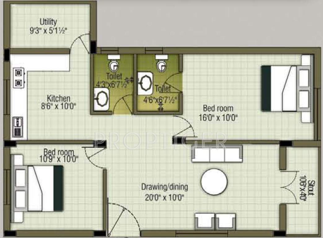 RR Kaliru (2BHK+2T (1,086 sq ft) 1086 sq ft)