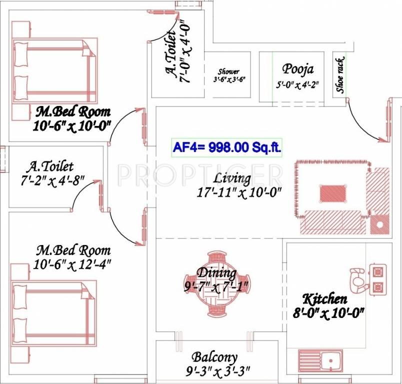 Royal Aadhira (2BHK+2T (998 sq ft)   Pooja Room 998 sq ft)
