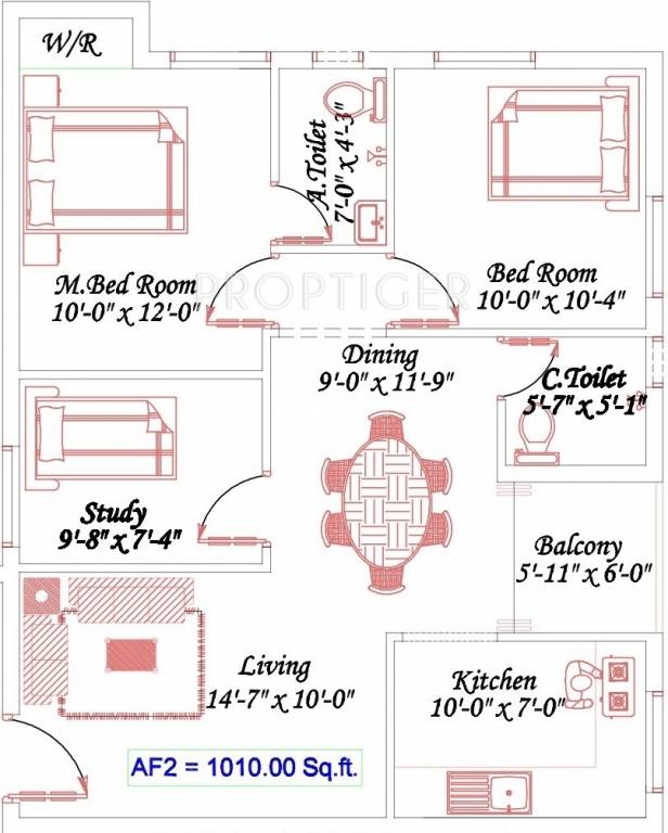 Royal Aadhira (2BHK+2T (1,010 sq ft)   Study Room 1010 sq ft)