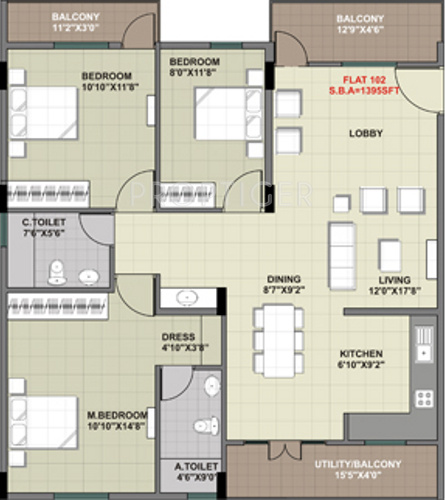 Aashrayaa Crystal (3BHK+2T (1,395 sq ft) 1395 sq ft)