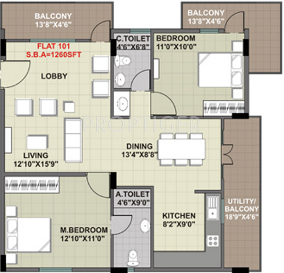 Aashrayaa Crystal (2BHK+2T (1,260 sq ft) 1260 sq ft)