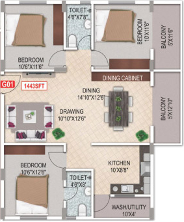 Aashrayaa Eternia (3BHK+2T (1,443 sq ft) 1443 sq ft)