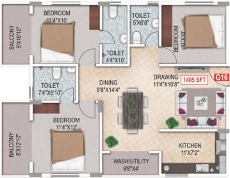 Aashrayaa Eternia (3BHK+3T (1,405 sq ft) 1405 sq ft)