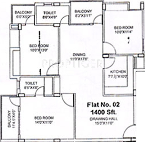 Floor Plan (3BHK+2T (1,400 sq ft) 1400 sq ft) Vasundhara Homes Crest Floor Plan (3BHK+2T (1,400 sq ft) 1400 sq ft)