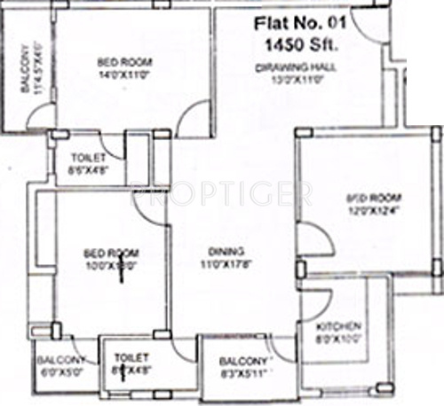 Vasundhara Homes Crest Floor Plan (3BHK+2T (1,450 sq ft) 1450 sq ft)