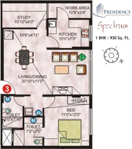 Presidency Spectrum (1BHK+2T (930 sq ft) + Study Room 930 sq ft)