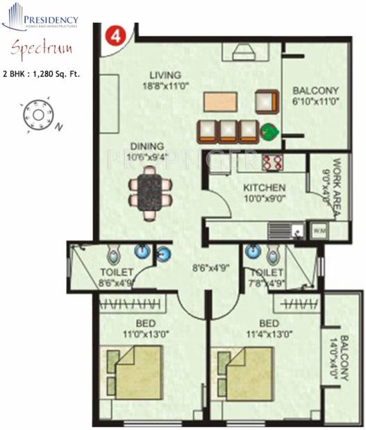 Presidency Spectrum (2BHK+2T (1,280 sq ft) 1280 sq ft)