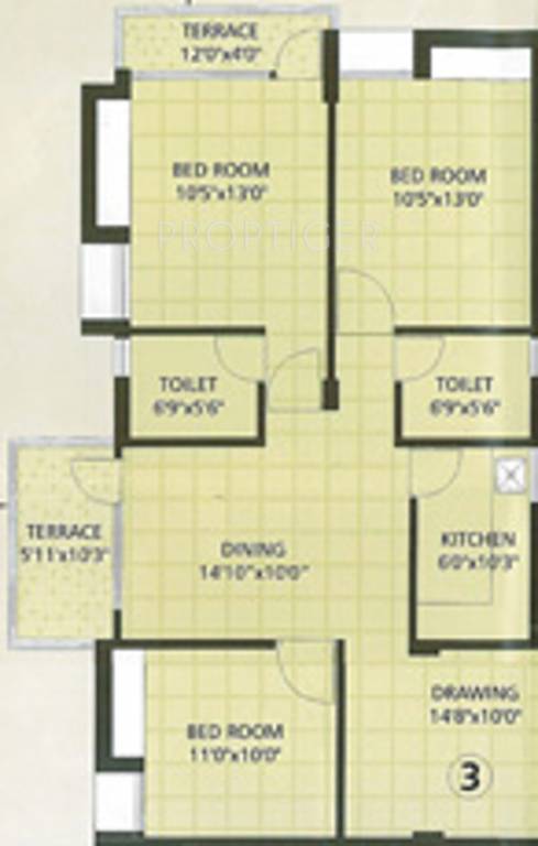 Floor Plan (3BHK+2T (1,340 sq ft) 1340 sq ft) Vasundhara Homes Lush County Floor Plan (3BHK+2T (1,340 sq ft) 1340 sq ft)