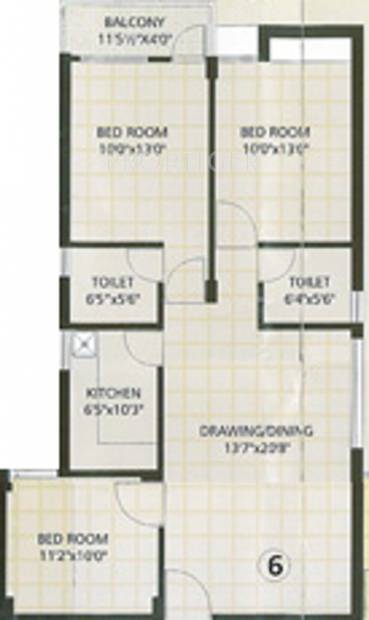 Vasundhara Homes Lush County Floor Plan (3BHK+2T (1,295 sq ft) 1295 sq ft)