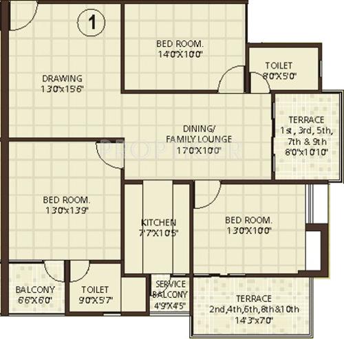 Vasundhara Homes La Greeno Floor Plan (3BHK+2T (1,485 sq ft) 1485 sq ft)