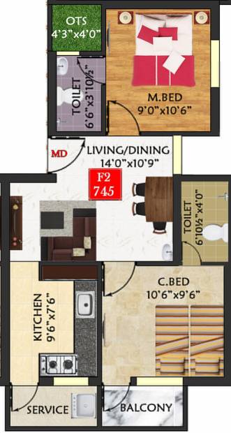 The Nest Wow (2BHK+2T (745 sq ft) 745 sq ft)