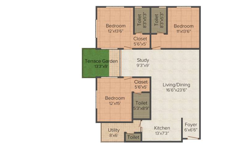 Inner Leafy Blocks (3BHK+3T (1,980 sq ft) + Study Room 1980 sq ft)