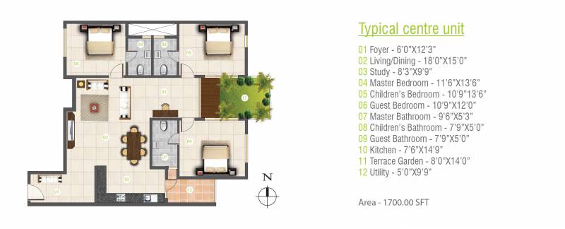 Inner Leafy Blocks (3BHK+3T (1,700 sq ft) + Study Room 1700 sq ft)