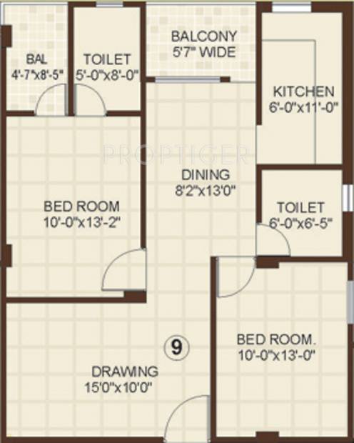 Vasundhara Homes Le Grassia Floor Plan (2BHK+2T (1,090 sq ft) 1090 sq ft)