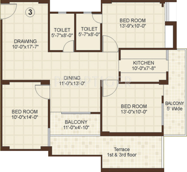 Vasundhara Homes Le Grassia Floor Plan (3BHK+2T (1,490 sq ft) 1490 sq ft)