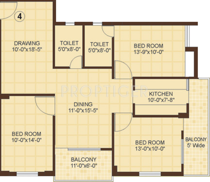 Vasundhara Homes Le Grassia Floor Plan (3BHK+2T (1,580 sq ft) 1580 sq ft)