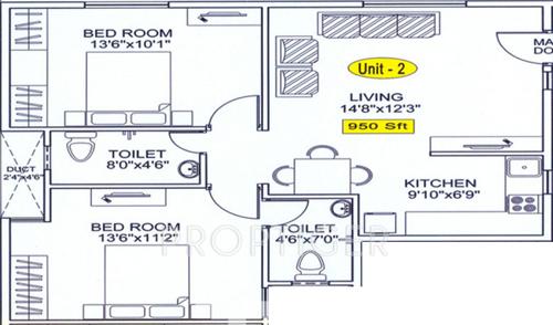 Yashaswini VP Kalyani Enclave (2BHK+2T (950 sq ft) 950 sq ft)