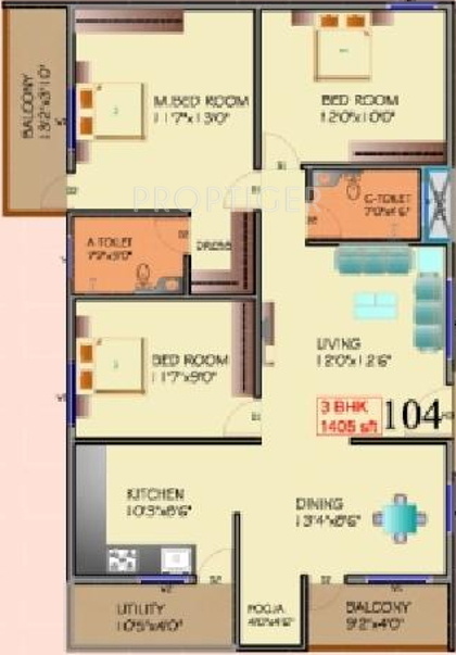Keystone Properties Sri Sai Residency (3BHK+2T (1,405 sq ft)   Pooja Room 1405 sq ft)