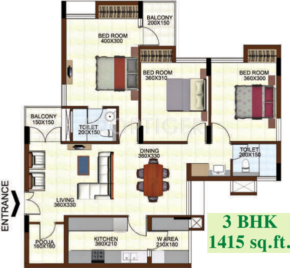 Sowparnika Shirdi Towers Phase I (3BHK+2T (1,415 sq ft) 1415 sq ft)