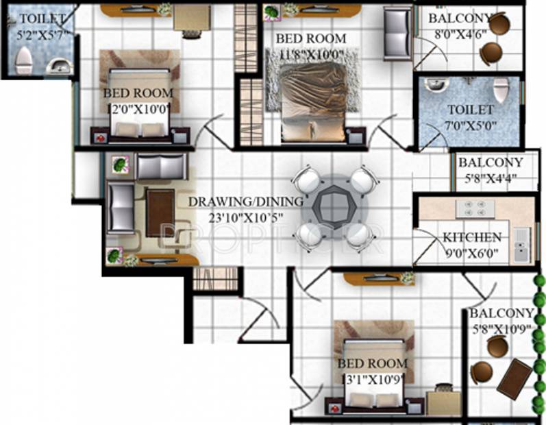 Sri Ram Infrastructure Plaza Floor Plan (3BHK+2T (1,335 sq ft) 1335 sq ft)