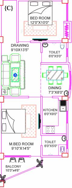 Sri Ram Infrastructure Saurabh Complex Floor Plan (2BHK+2T (1,000 sq ft) 1000 sq ft)