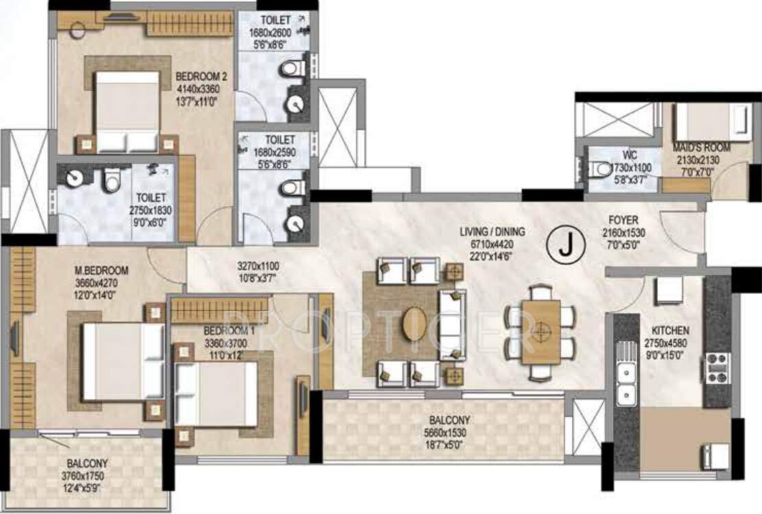 Prestige Misty Waters (3BHK+3T (1,987 sq ft) + Servant Room 1987 sq ft)