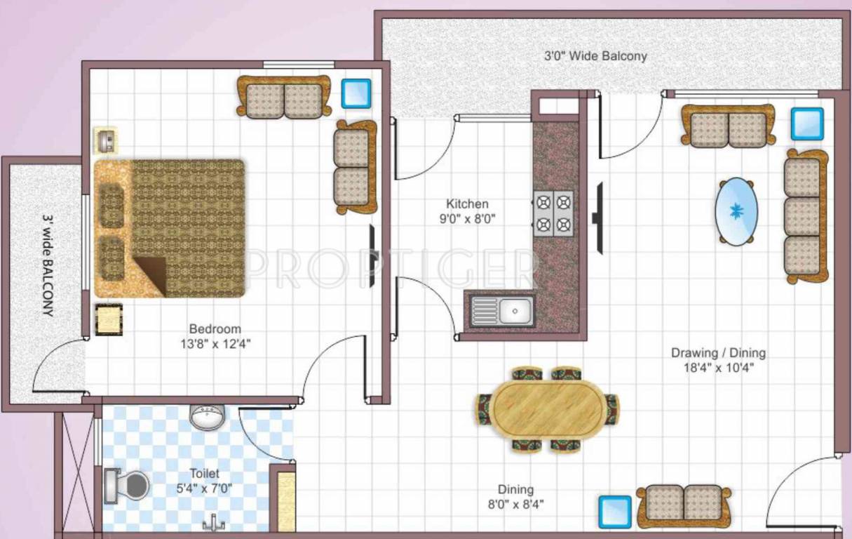 Metro Builders and Developers Gulmohar Floor Plan (1BHK+1T (695 sq ft) 695 sq ft)