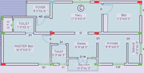 Aries Shama Homes Floor Plan (2BHK+2T (1,030 sq ft) 1030 sq ft)