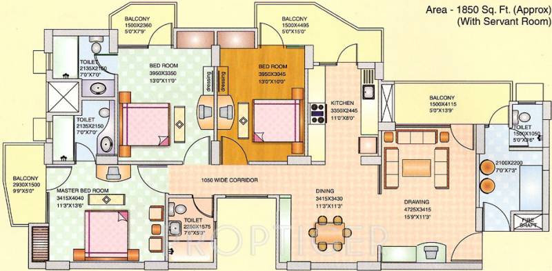 Arihant Paradiso (3BHK+3T (1,850 sq ft)   Servant Room 1850 sq ft)