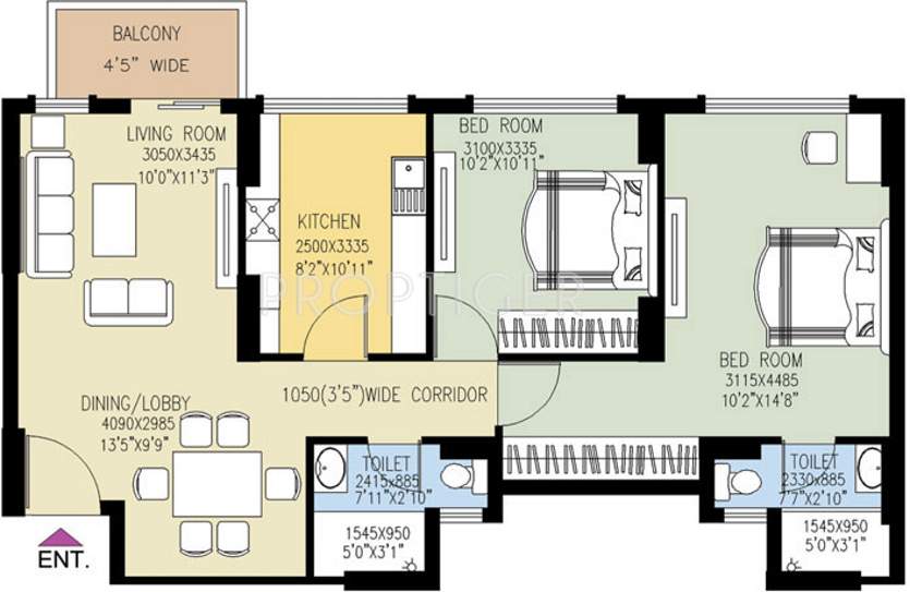 DLF New Town Heights (2BHK+2T (1,095 sq ft) 1095 sq ft)