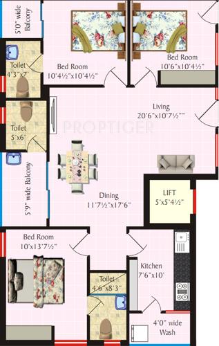 SV Groups Vigneshwara Residency Floor Plan (3BHK+3T (1,343 sq ft) 1343 sq ft)